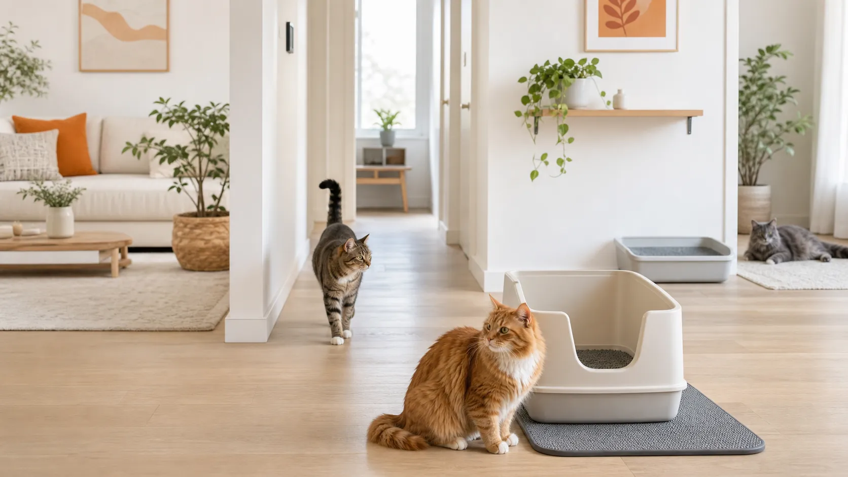 Three relaxed cats in a bright home with separate litter box stations and clear escape routes