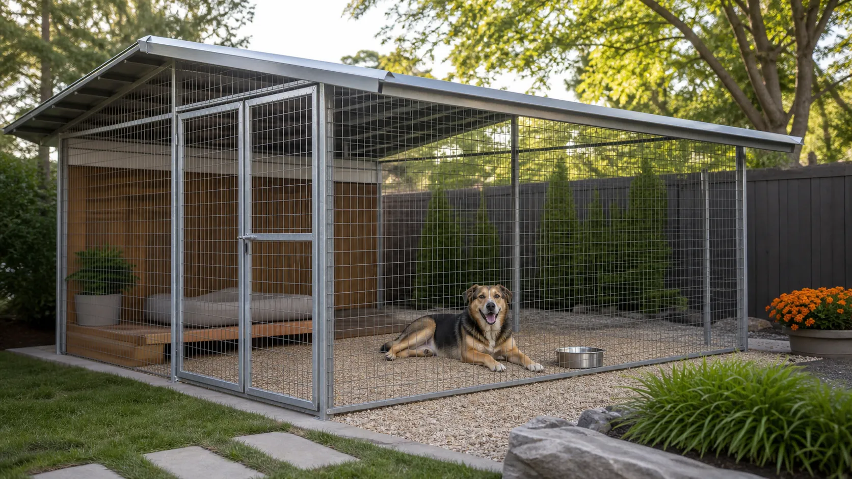 A happy large dog resting in a roofed outdoor kennel run with a dry shaded retreat and a separate gravel activity area