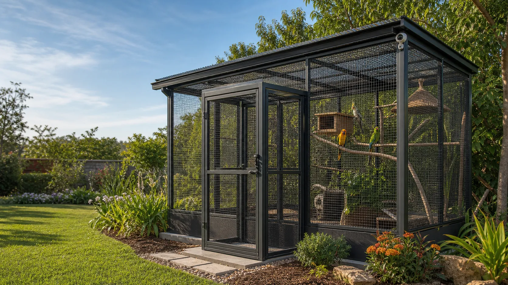 Secure walk-in outdoor bird aviary with fine metal mesh, a two-door entry vestibule, covered roof, garden shelter, and an outdoor camera