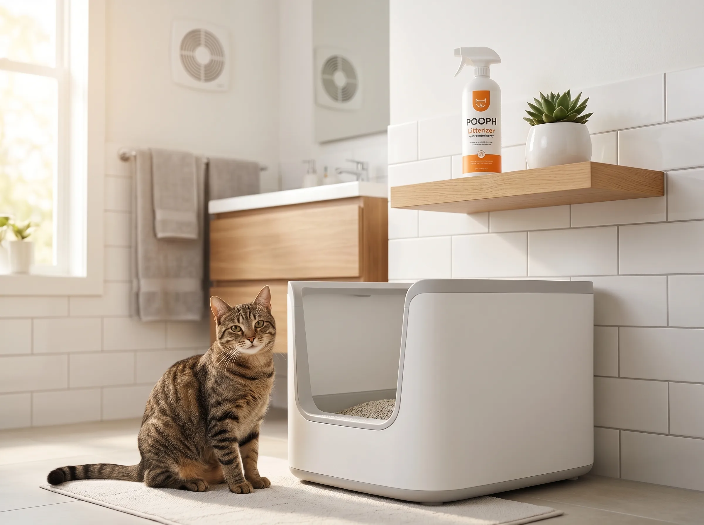 Fresh, clean litter box setup with odor control products