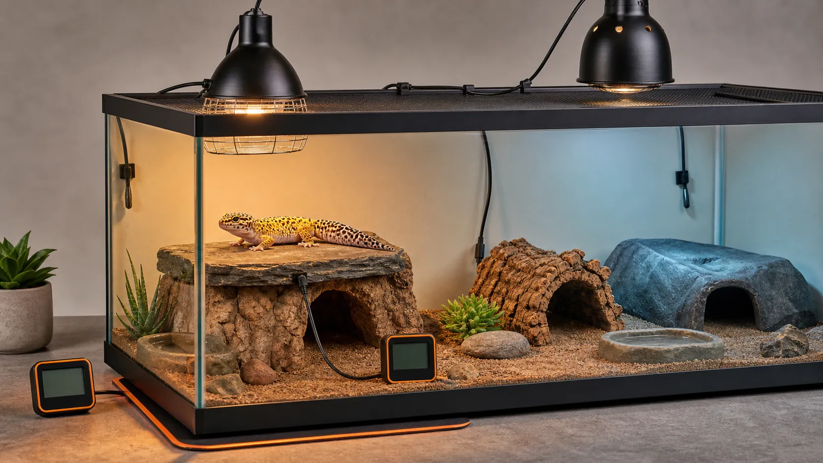 Side-view reptile enclosure showing correct thermostat probe positions for a heat mat, basking lamp, ceramic heater, and deep heat projector