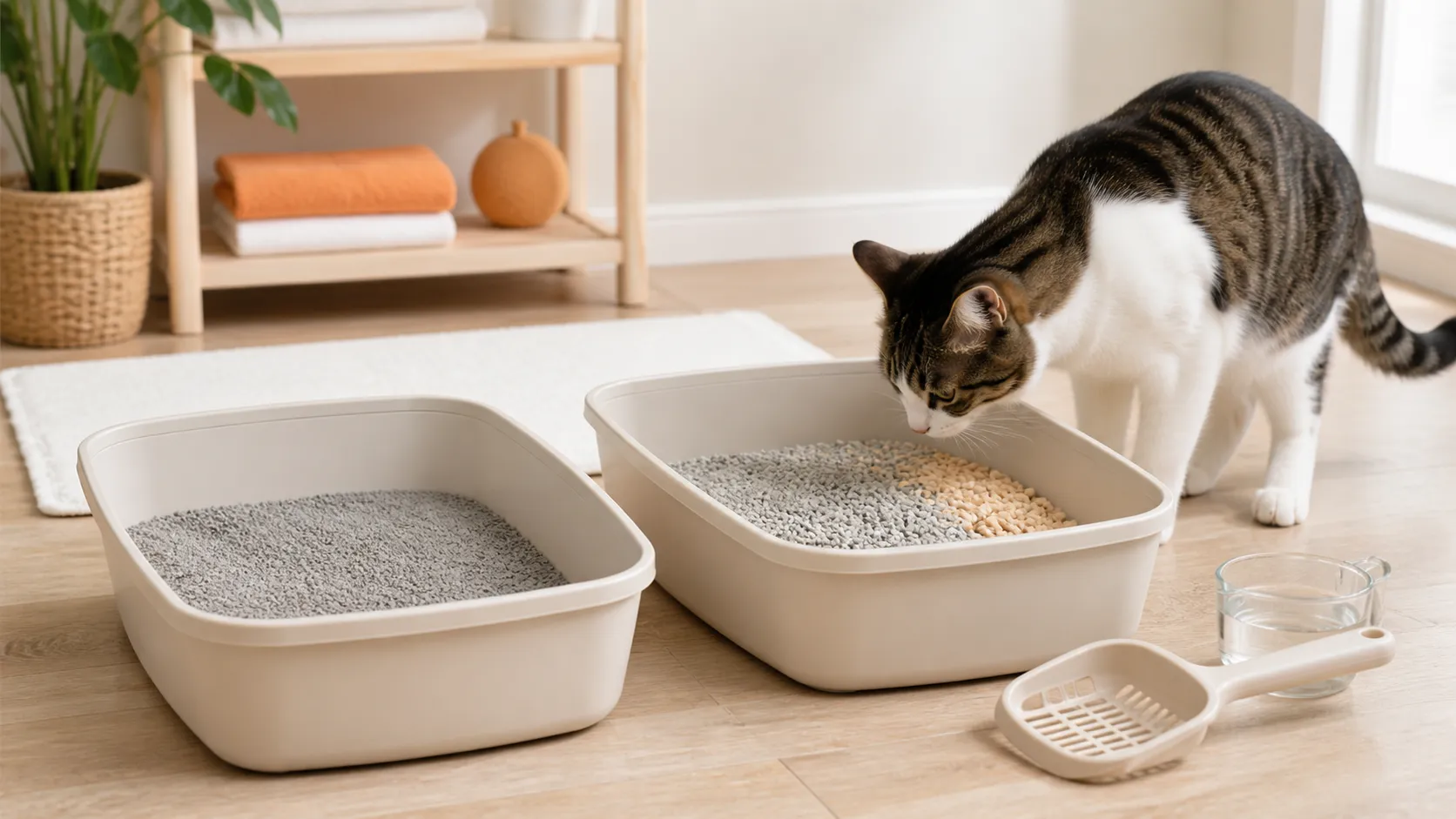 A relaxed cat comparing a familiar clay-litter box with a second box containing a gradual clay-and-tofu litter mix