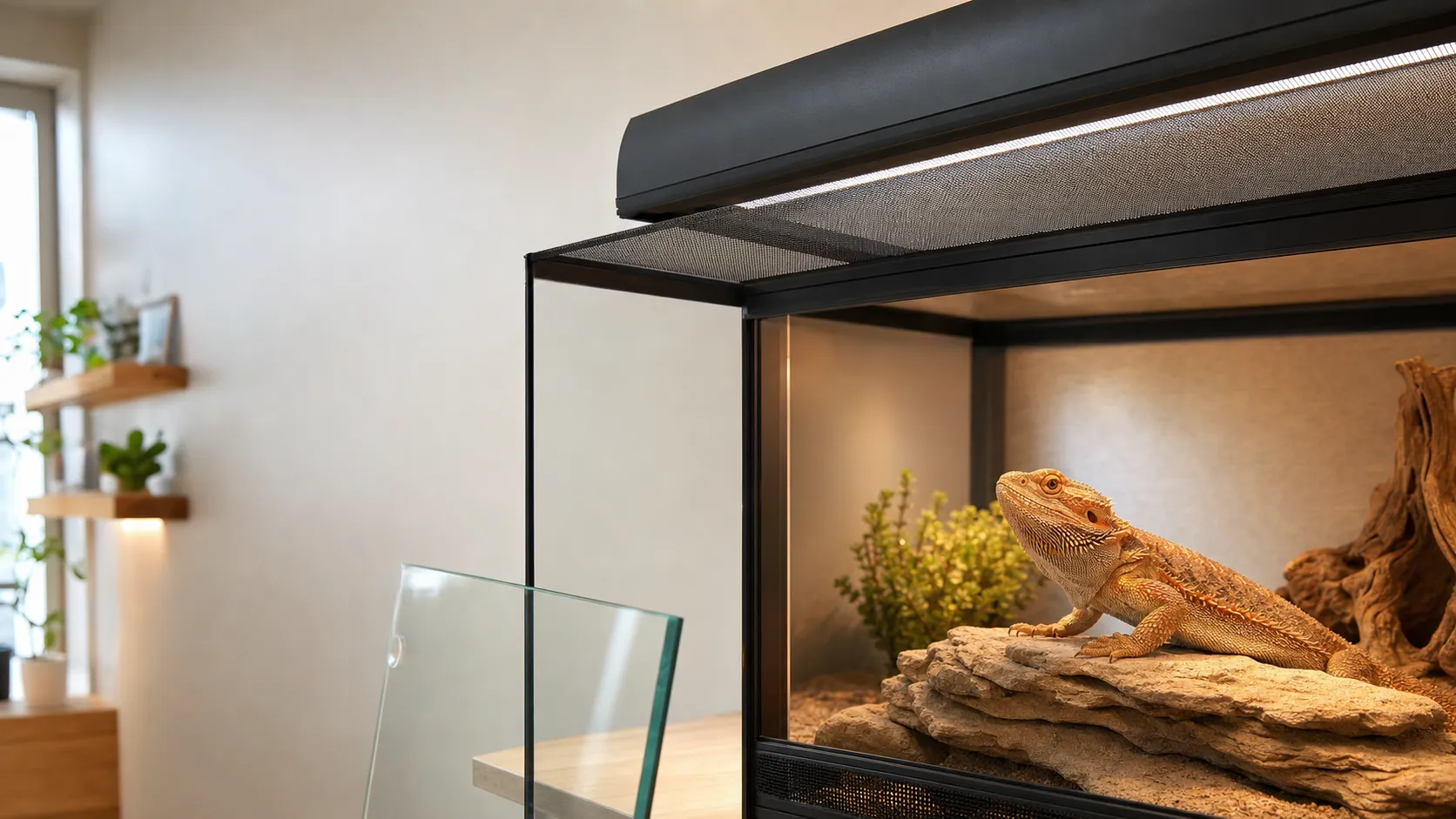 Bearded dragon basking beneath a linear T5-HO UVB fixture above a fine mesh reptile enclosure while a glass panel sits separately to the side