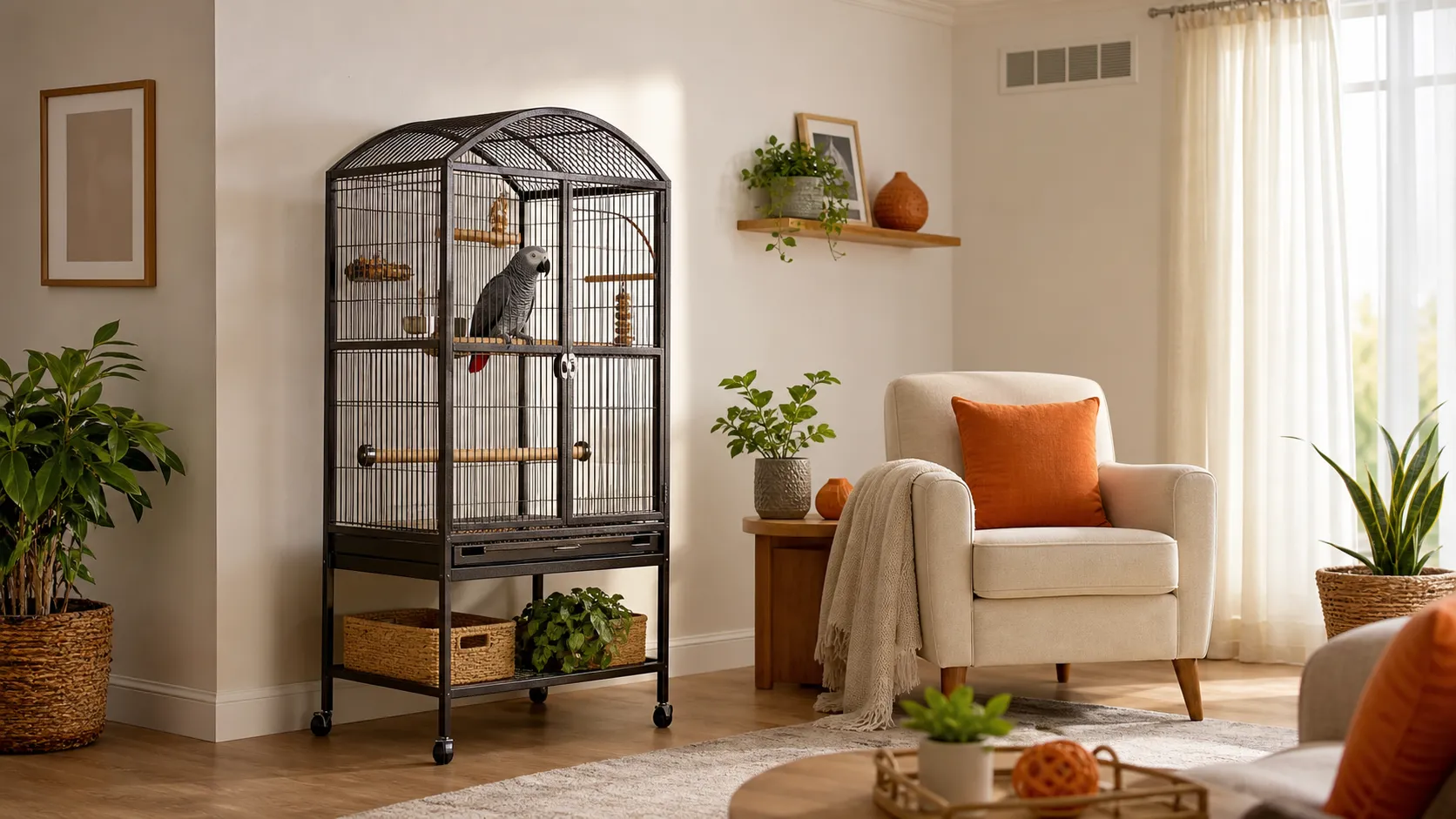African Grey parrot in a bird cage placed in a bright living room corner away from a window and air vent