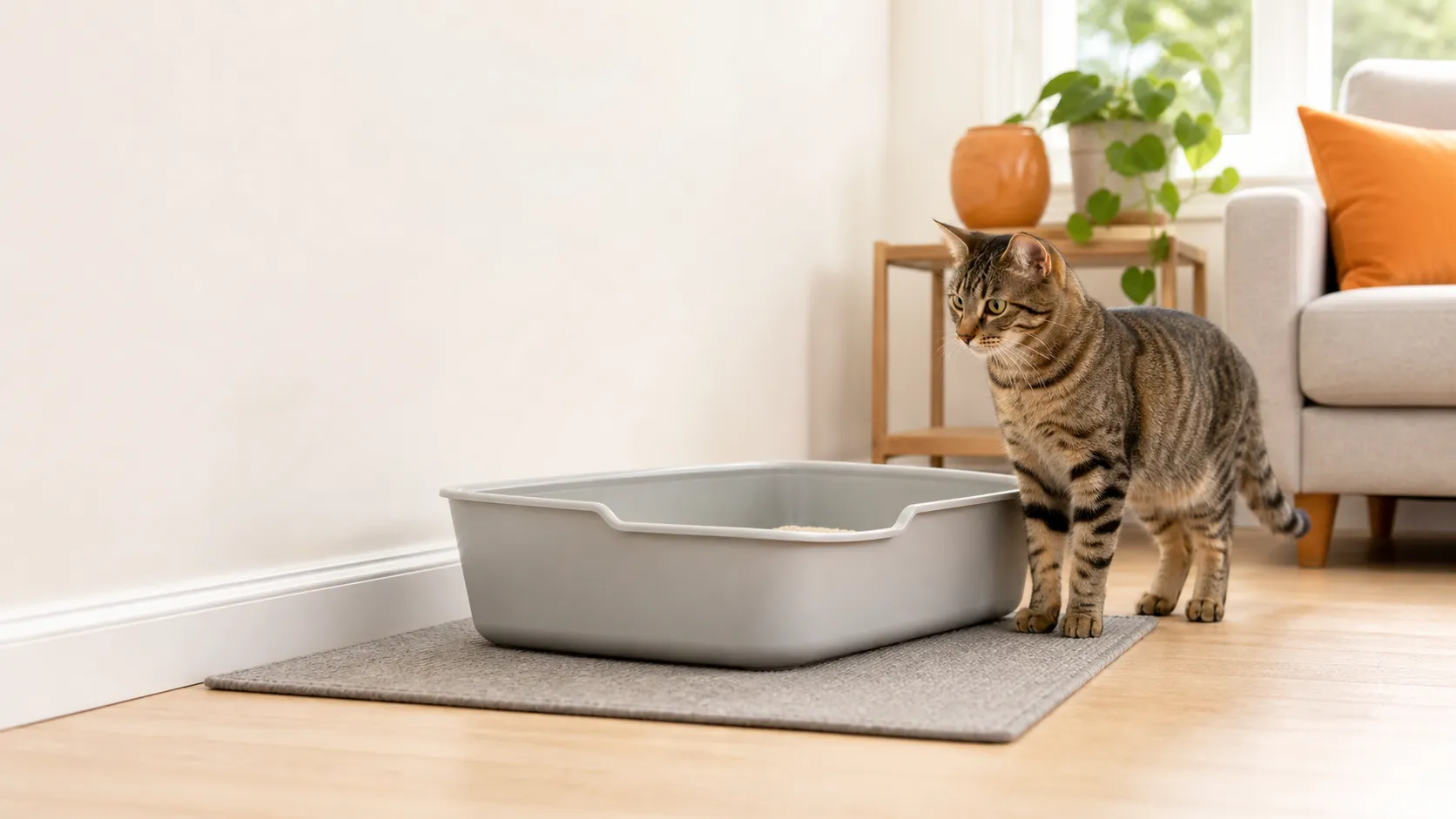 Tabby cat standing beside a spacious clean litter box in a bright home