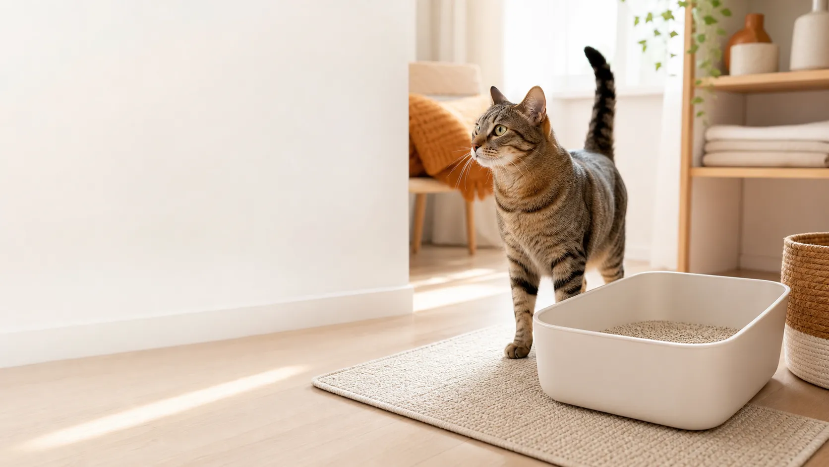 Relaxed tabby cat beside a clean open litter box in a warm modern home