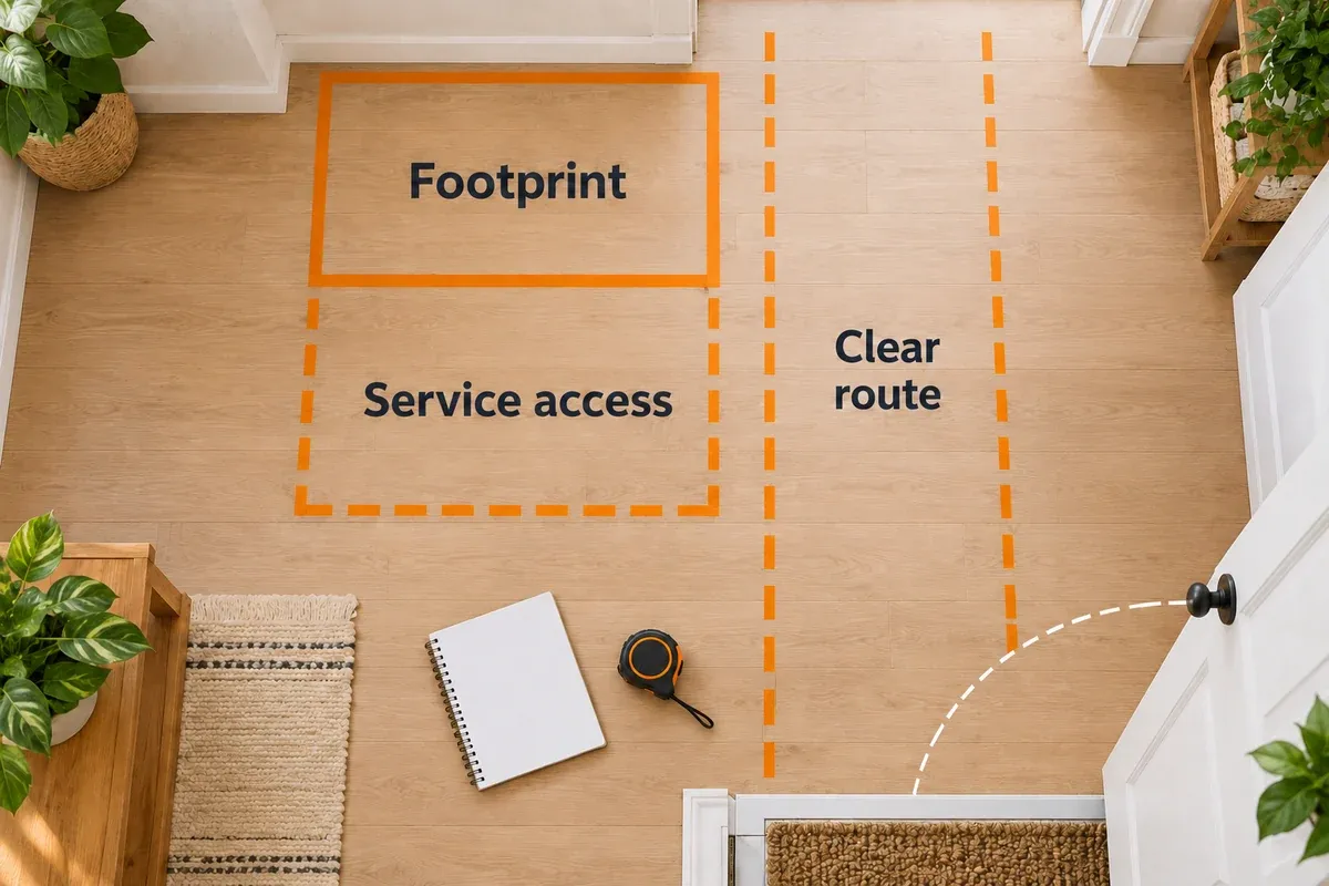 Room-planning illustration separating an appliance footprint, service access and a clear walking route.