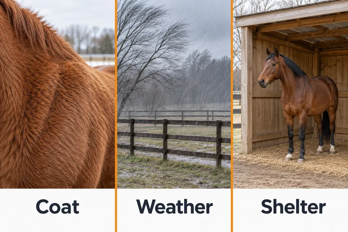 Blanket-decision factors shown as a winter coat close-up, wind and rain in an open paddock, and a horse using dry shelter.