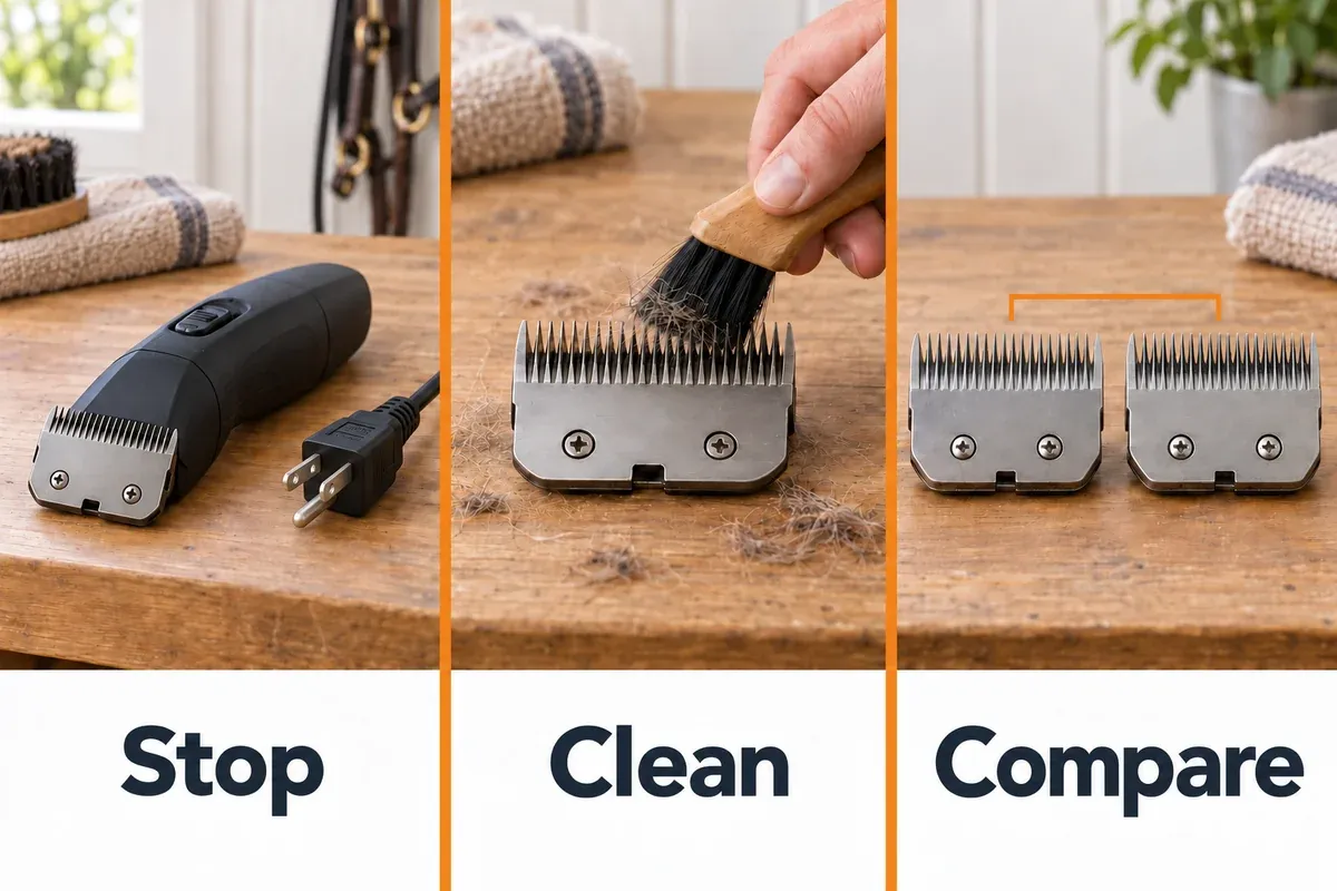 Disconnected horse clipper, a cooled detached blade being brushed and two matching blade sets ready for comparison.