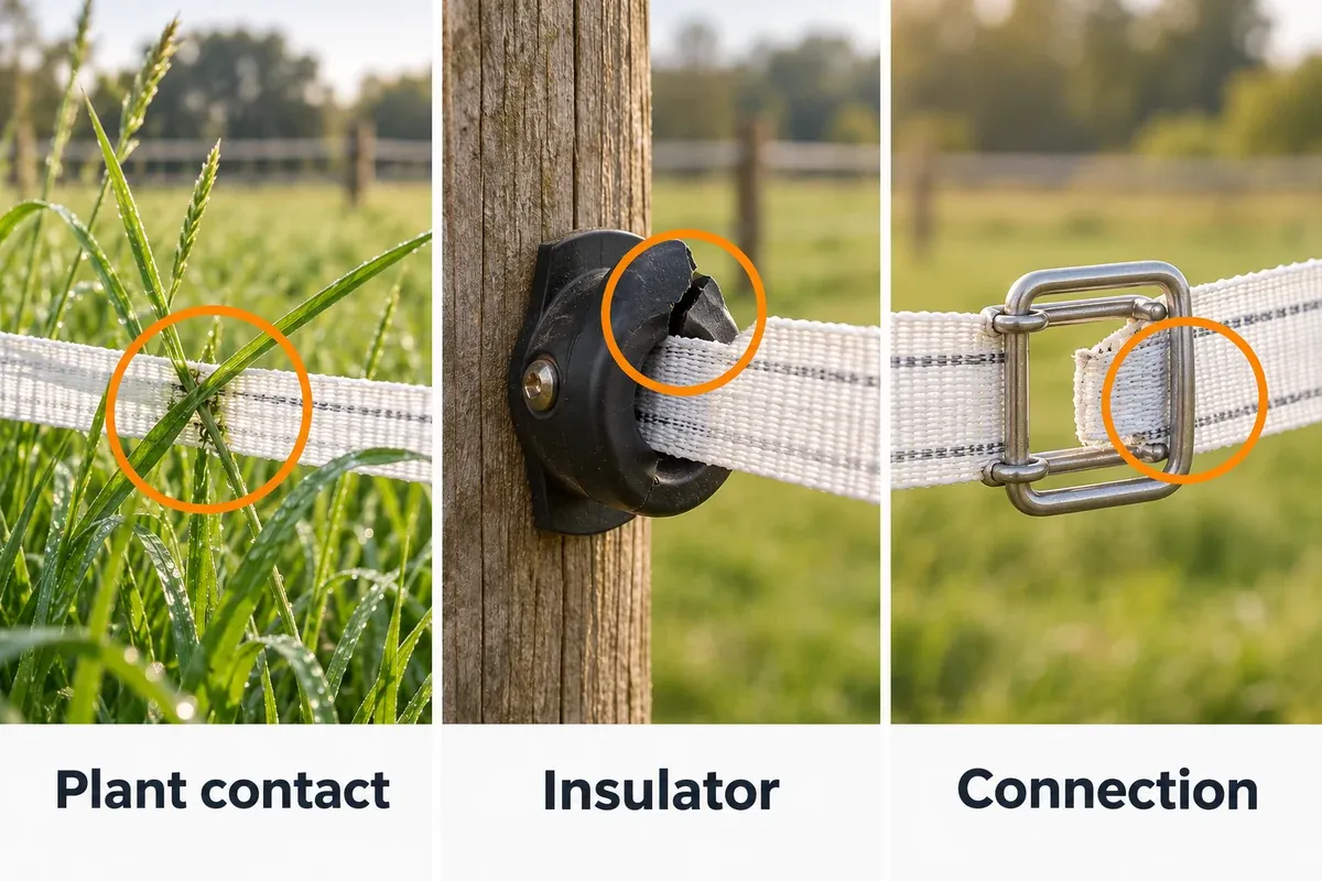 Three electric-tape fence faults to inspect with power off: plant contact, a cracked insulator and a loose join.