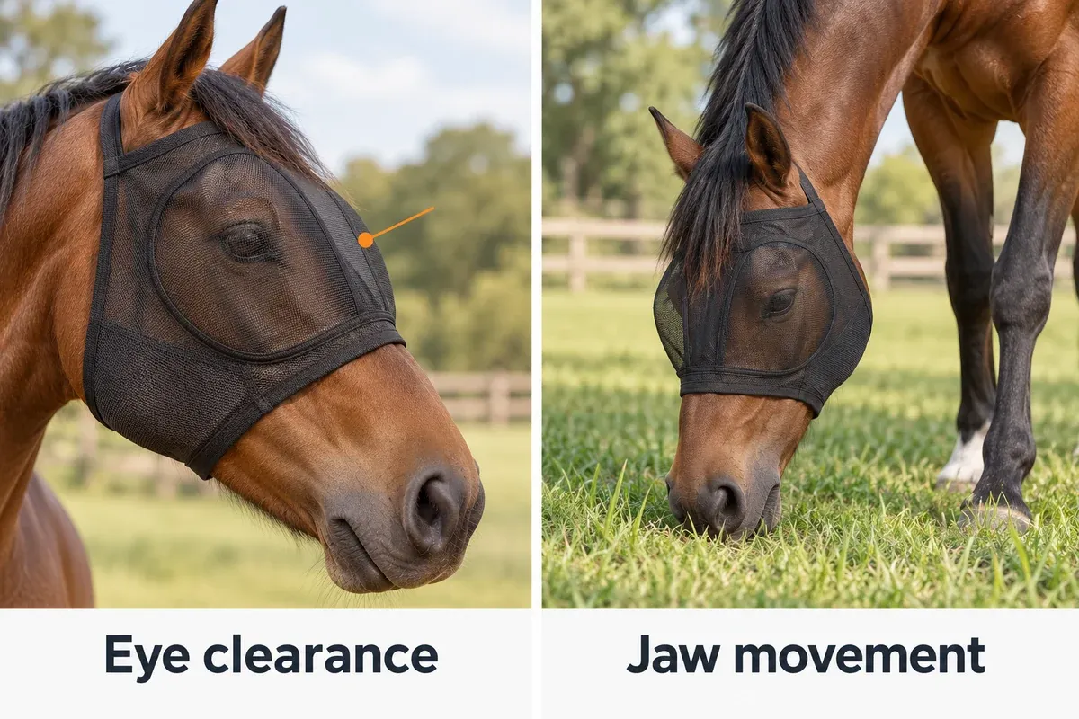 Fly-mask fit checks showing a shaped eye panel clear of the lashes and the same horse lowering its head to graze.