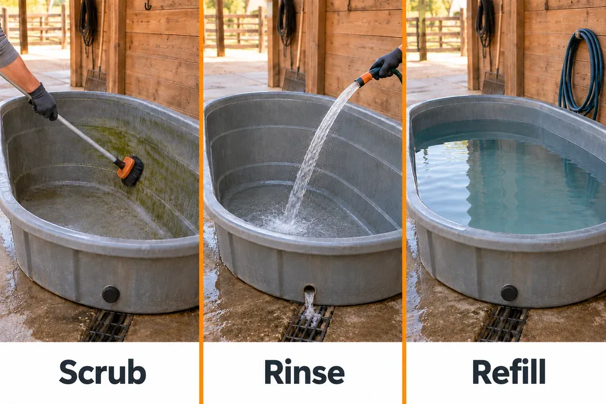 Horse-trough cleaning sequence showing an empty tank being scrubbed, rinsed and refilled with clear fresh water.