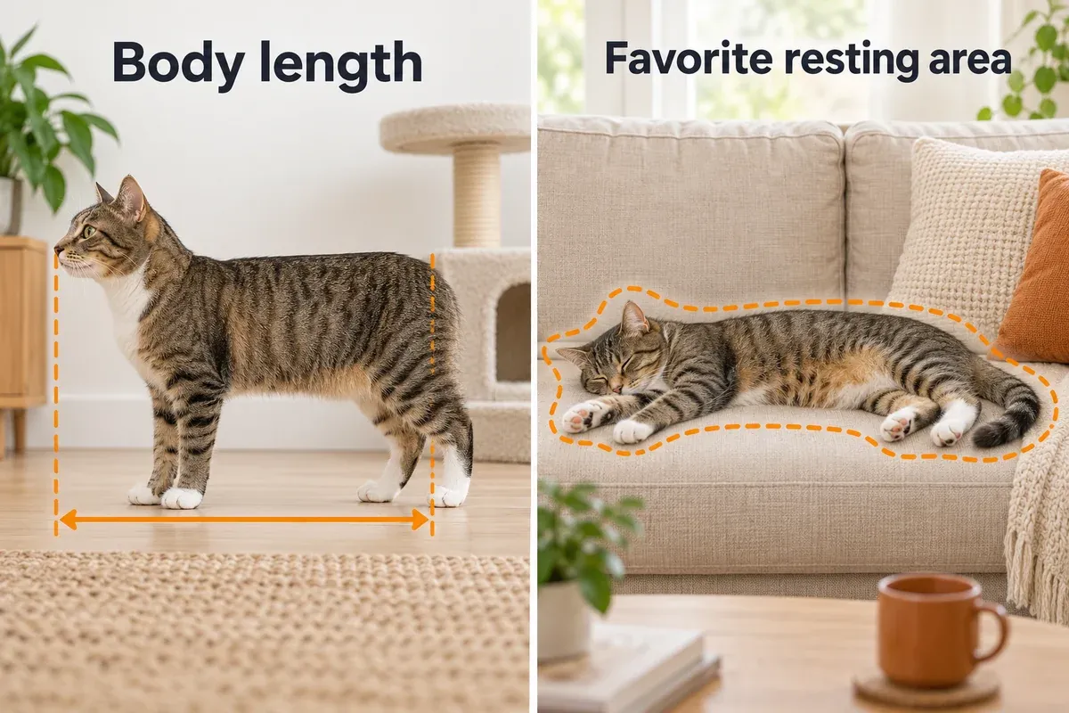 Cat body measurement paired with the area the cat naturally occupies while resting on a cushion.