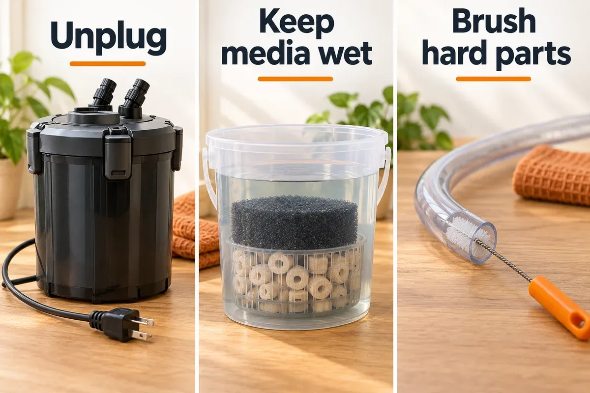 Canister-filter maintenance panels show a disconnected power plug, established foam and ceramic media submerged in a water bucket, and a flexible brush cleaning a detached aquarium hose.