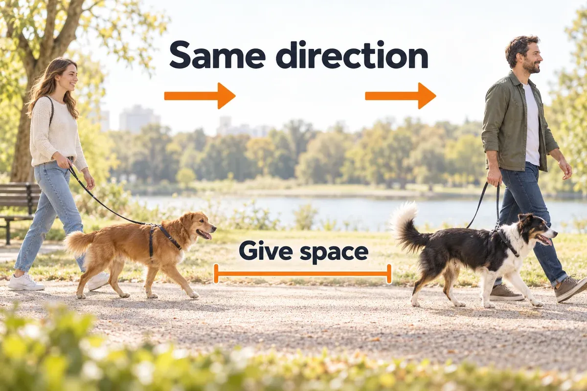 Two dogs walking in the same direction with separate handlers and loose leads.
