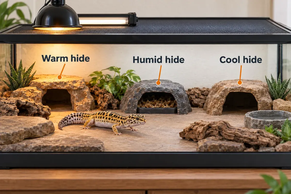 Example leopard gecko habitat with separate warm, humid and cool hides across a dry, accessible floor.
