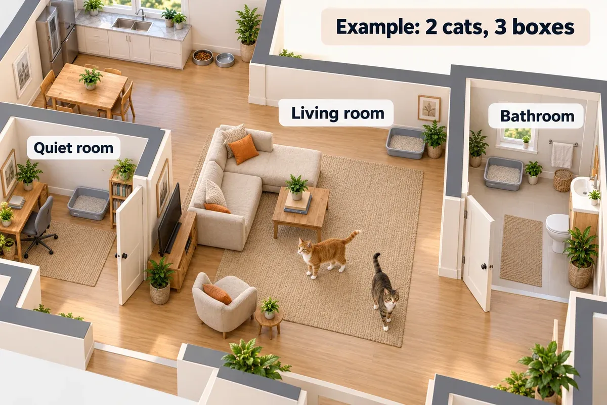 Example home layout with three litter boxes in separate accessible rooms for two cats.