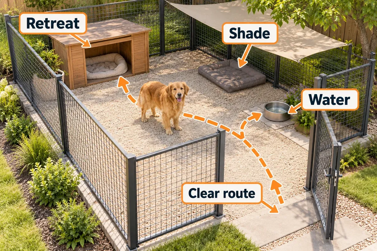 Outdoor run layout with a dry retreat, shade, water and a clear route from the gate.