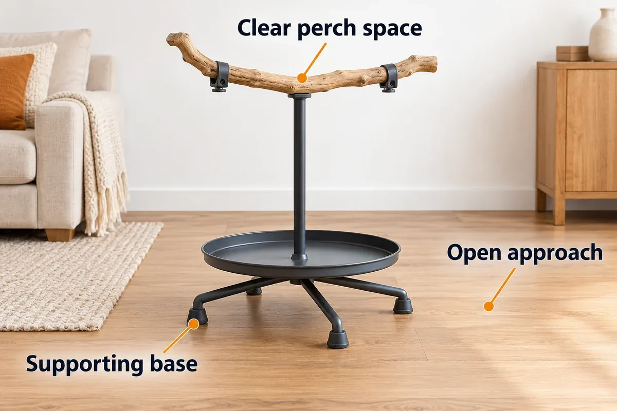 An example parrot play stand highlights clear perch space, a broad supporting base, and open floor access.