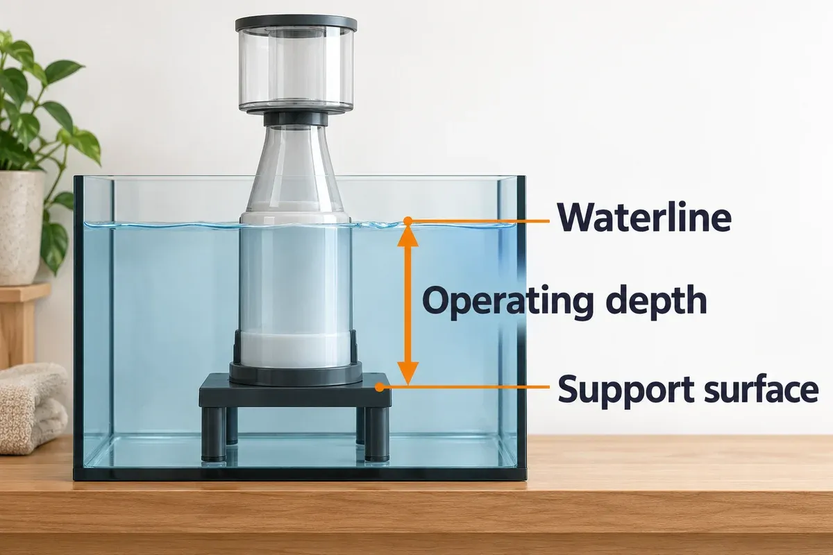A side-view illustration of a protein skimmer on a stable stand in a sump, with an external depth arrow running from the top of the stand to the surrounding waterline.