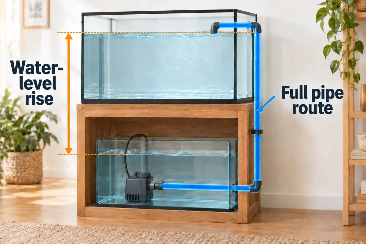 A reef return-line example separates the rise from sump water level to the outlet from the complete pipe route.
