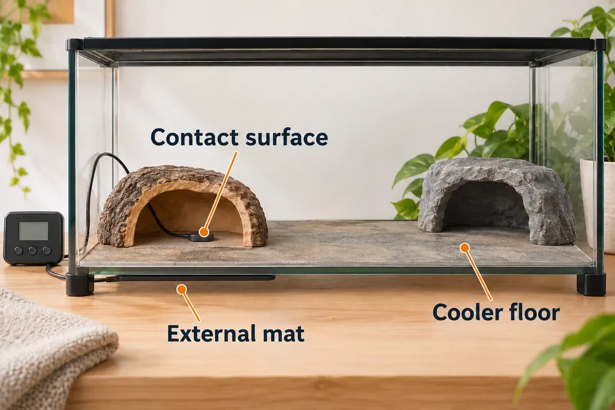 Conceptual external heat-mat layout with the warmed contact surface and a separate cooler floor area.