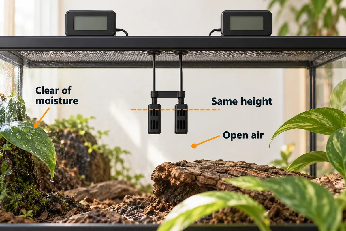 Two hygrometer probes compared at the same height in open air away from wet surfaces.