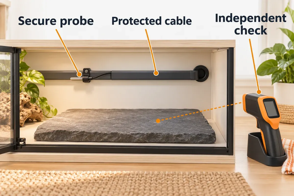 Clipped thermostat sensor, protected cable route and infrared check through an open enclosure door.