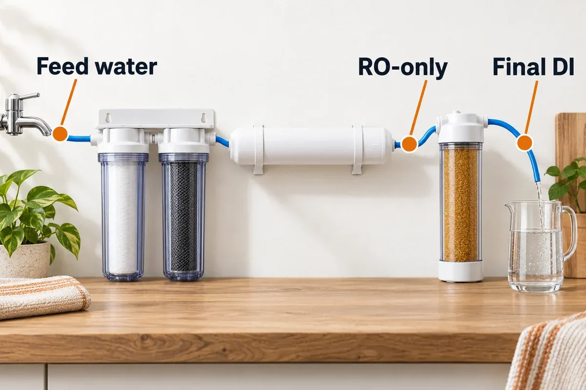 Three sampling points on the RO/DI product-water path: feed water, RO permeate before DI, and final water after DI.