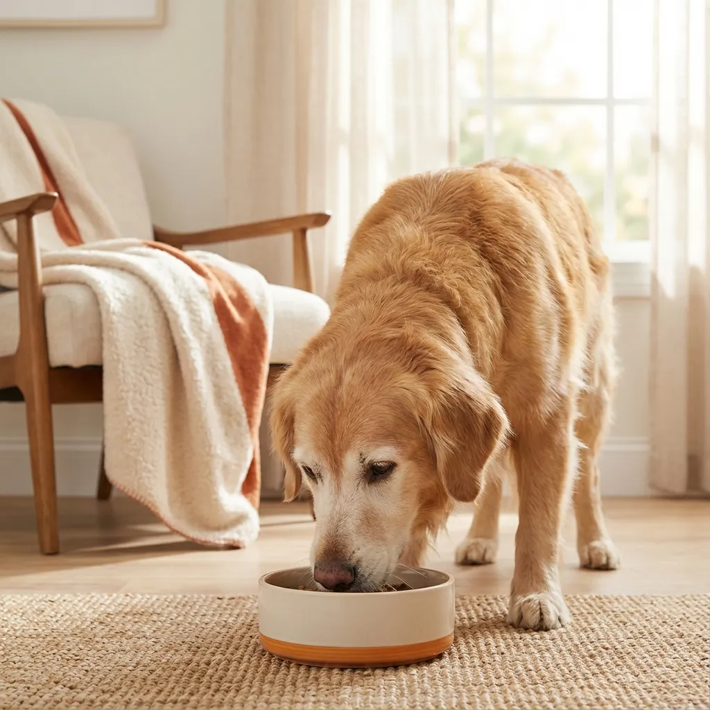Senior golden retriever enjoying healthy dog food