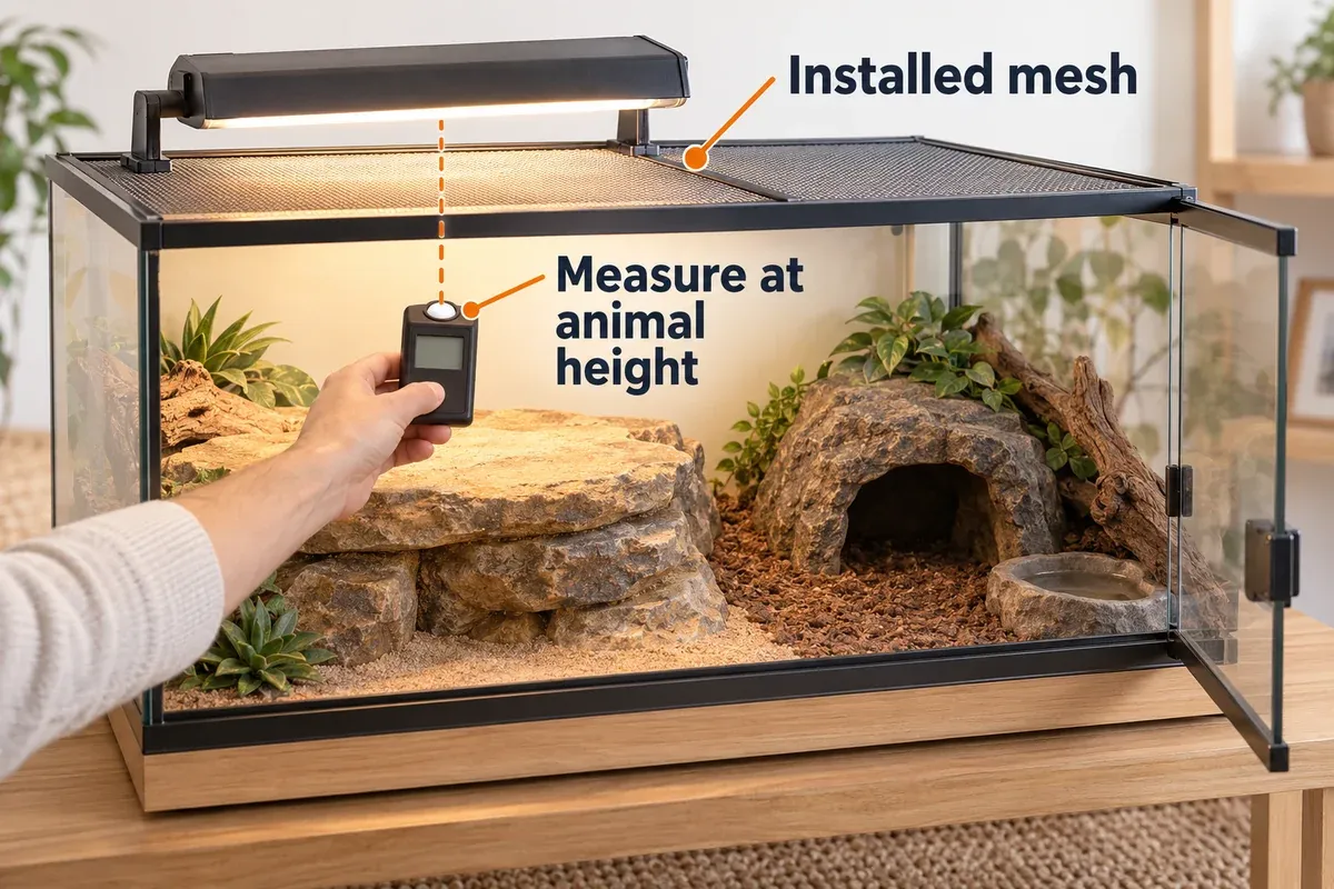 UVI check made inside the enclosure at animal height beneath the installed screen.