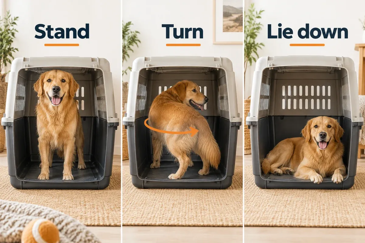 Dog crate-fit check showing room to stand, turn and lie naturally.