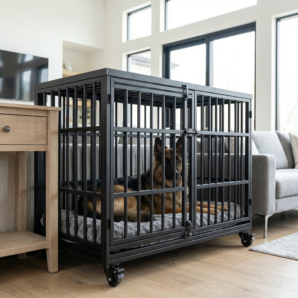 Heavy-duty dog crate in modern home setting