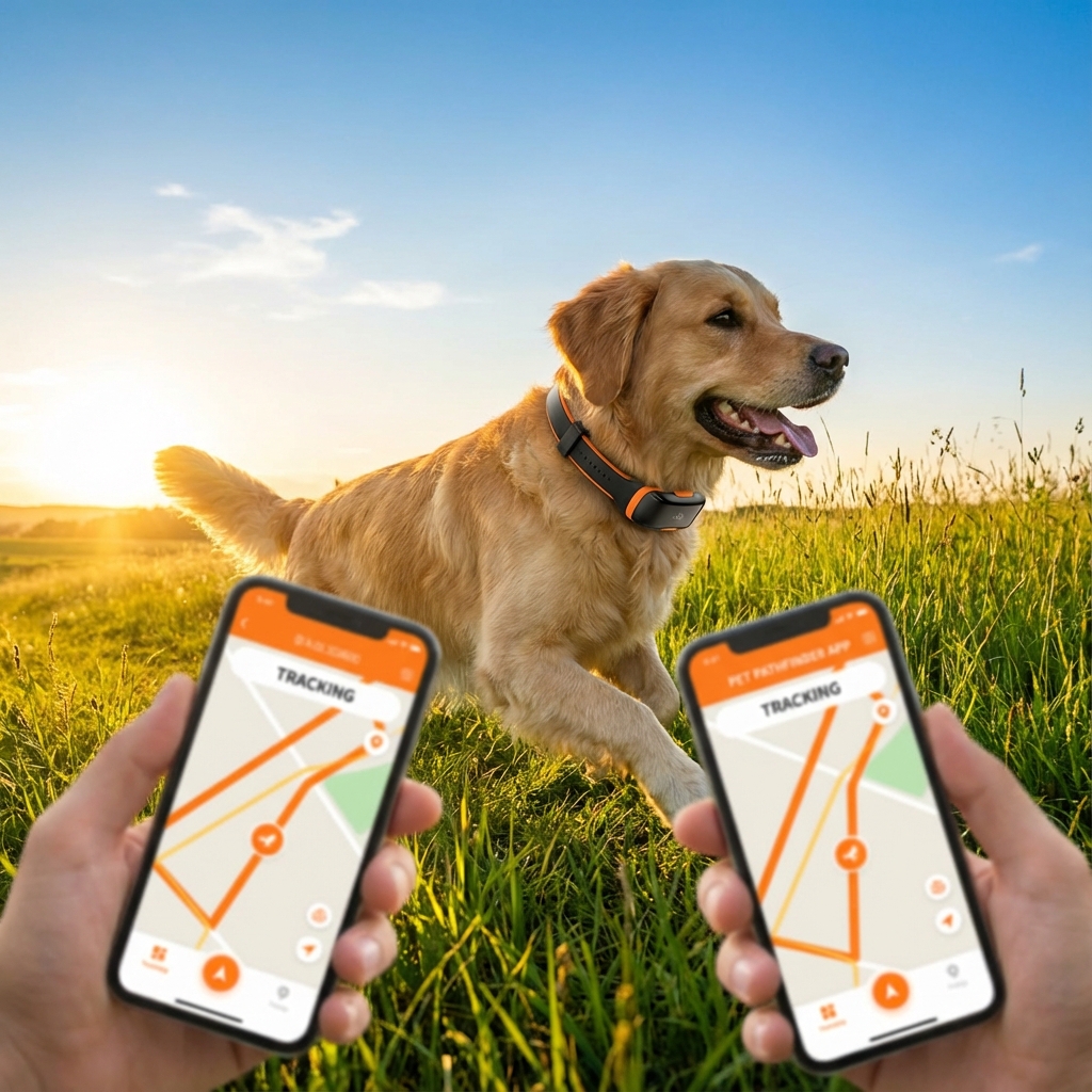 GPS dog tracker collar attached to golden retriever outdoors